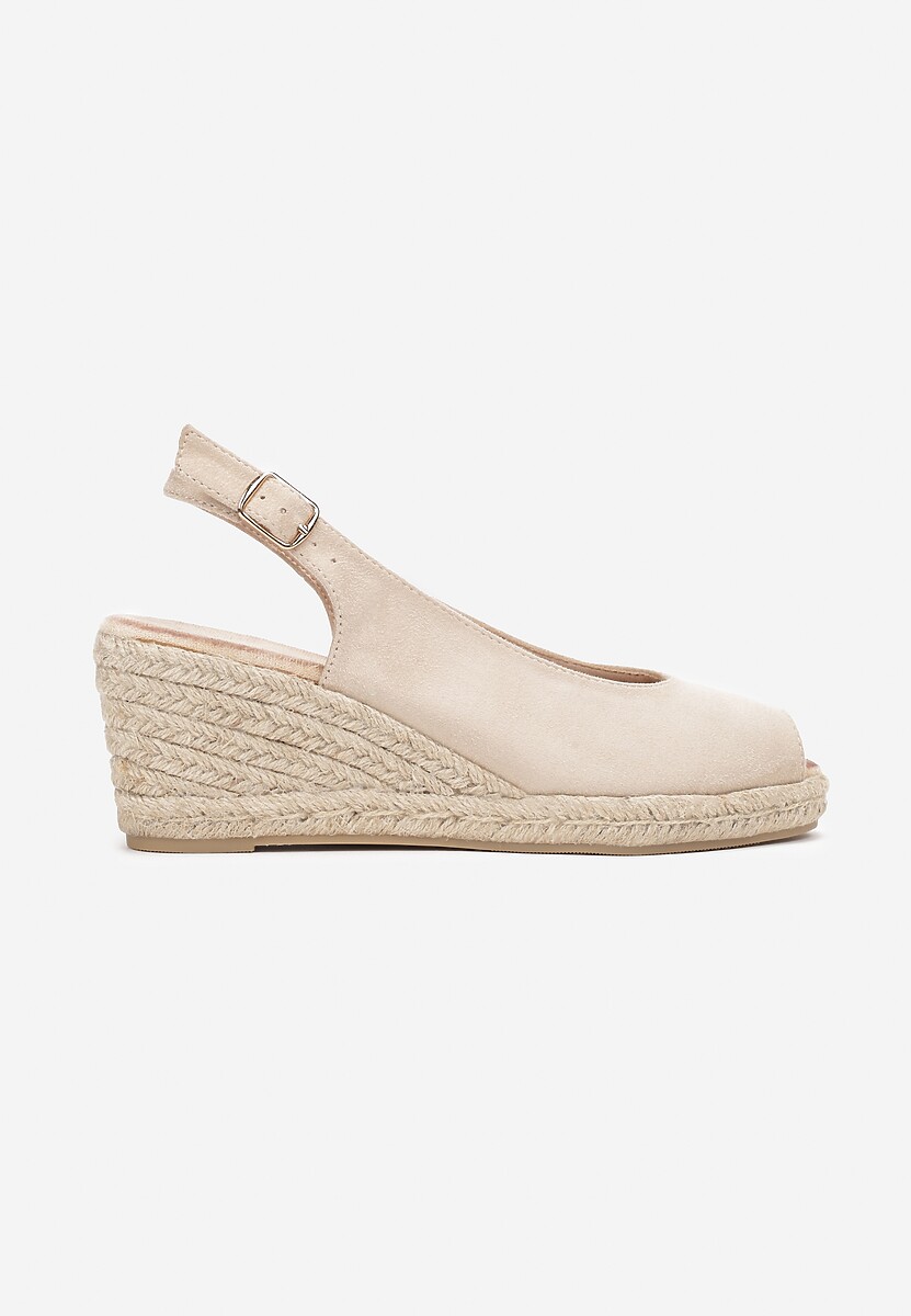 Beżowe Sandały na Plecionej Koturnie Evetra