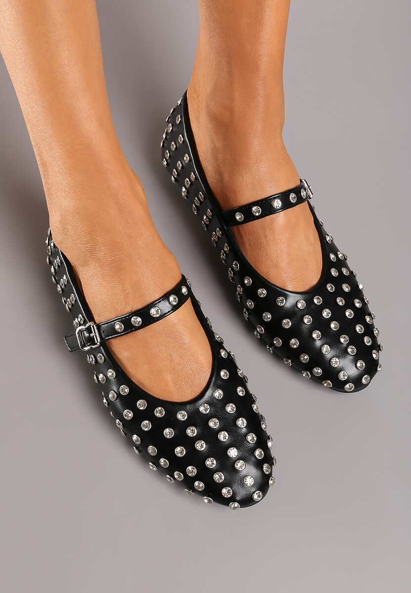 Czarne Cyrkoniowe Balerinki na Płaskiej Podeszwie z Ozdobnym Paskiem Bararia