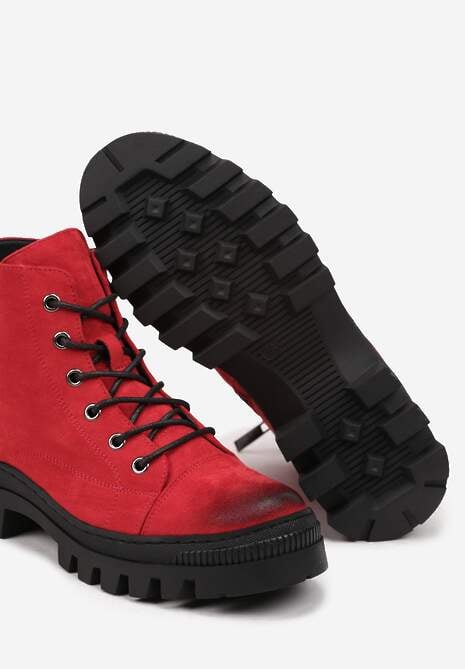 Czerwone Botki Trapery na Platformie Ozdobione Paskiem Argiva