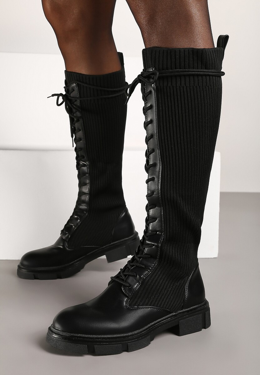 Czarne Płaskie Kozaki ze Skarpetową Cholewką i Sznurowaniem Sannirael