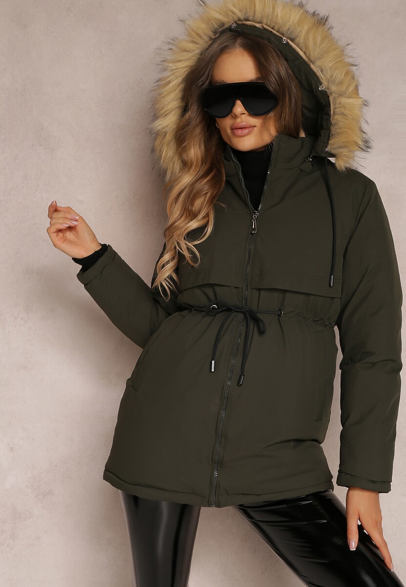 Ciemnozielona Kurtka Parka z Kapturem z Futerkiem Bimi