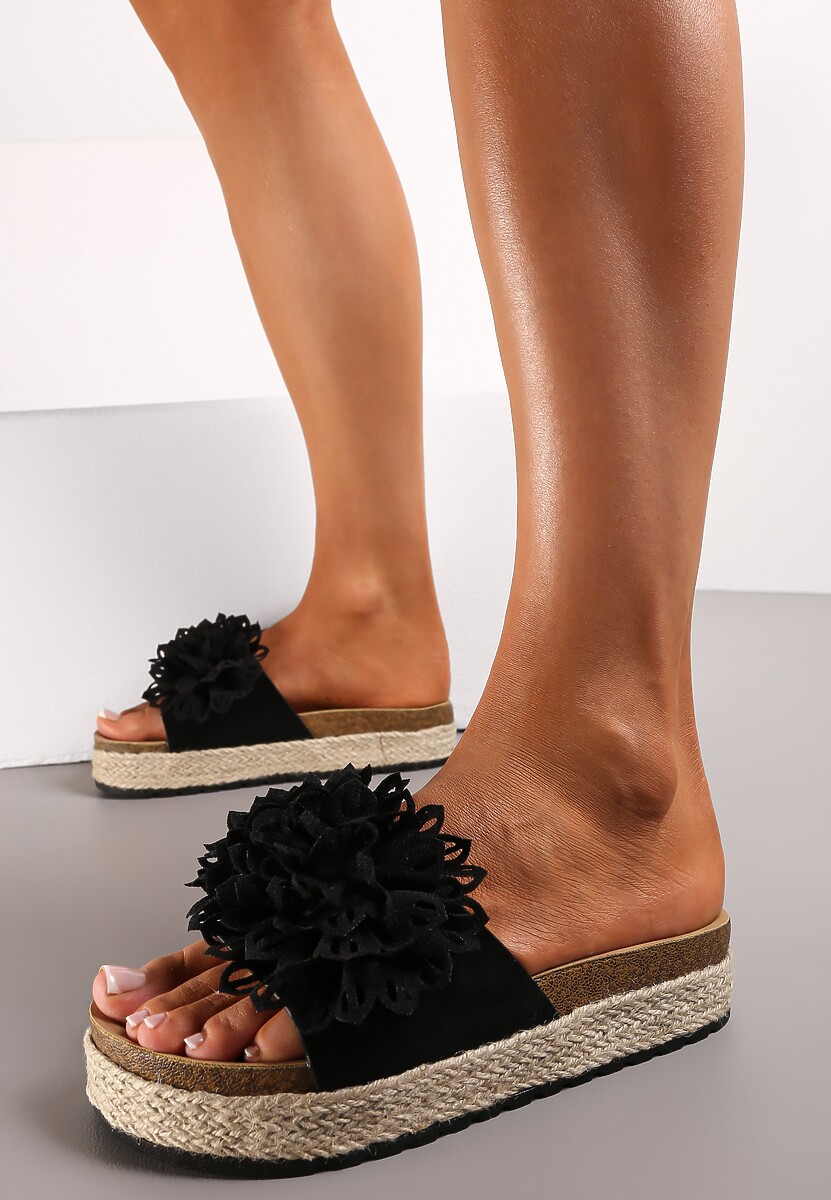 Fuksjowe Klapki z Kwiatem na Pasku i Plecionką na Korkowej Podeszwie Presta