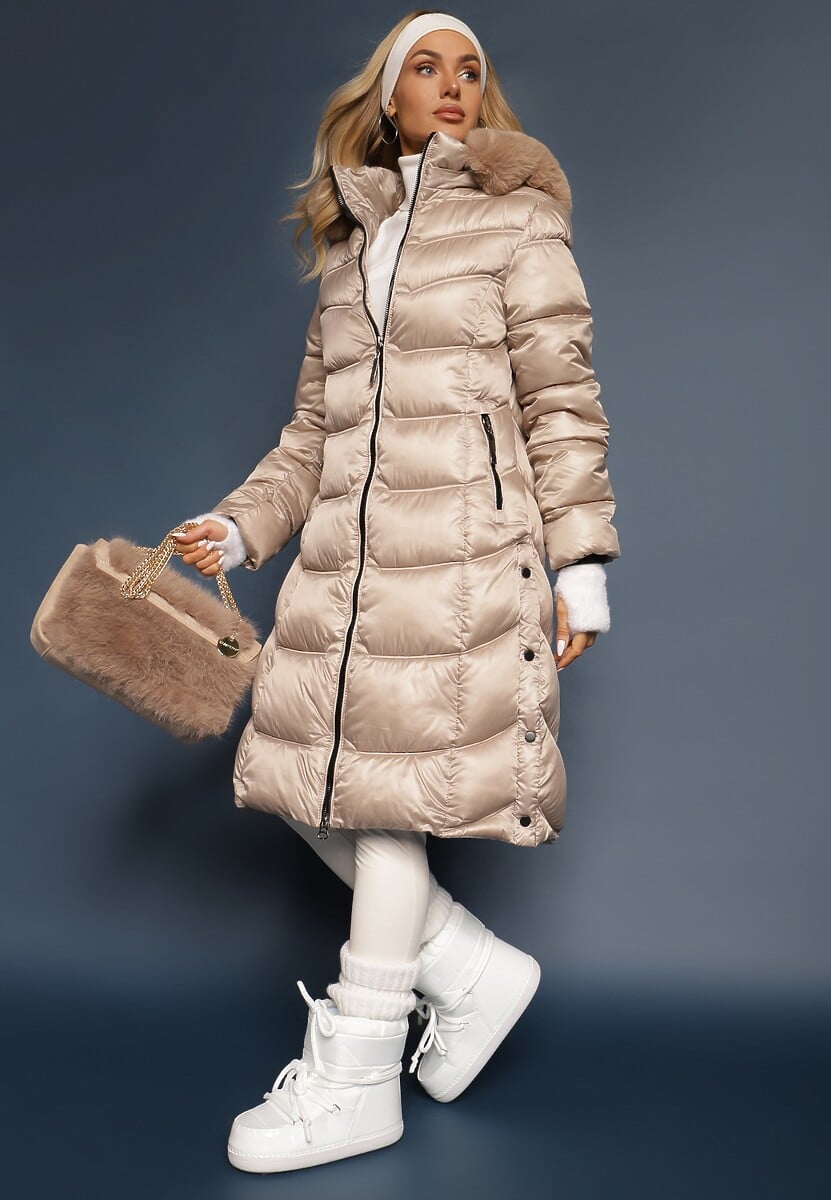 Beżowa Kurtka Płaszcz za Kolano z Pikowaniem i Odpinanym Kapturem Calarin