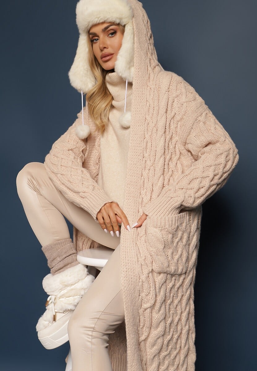 Beżowy Kardigan z Tłoczonej Dzianiny z Wełną i Wiskozą z Kapturem i Kieszeniami Vaileth