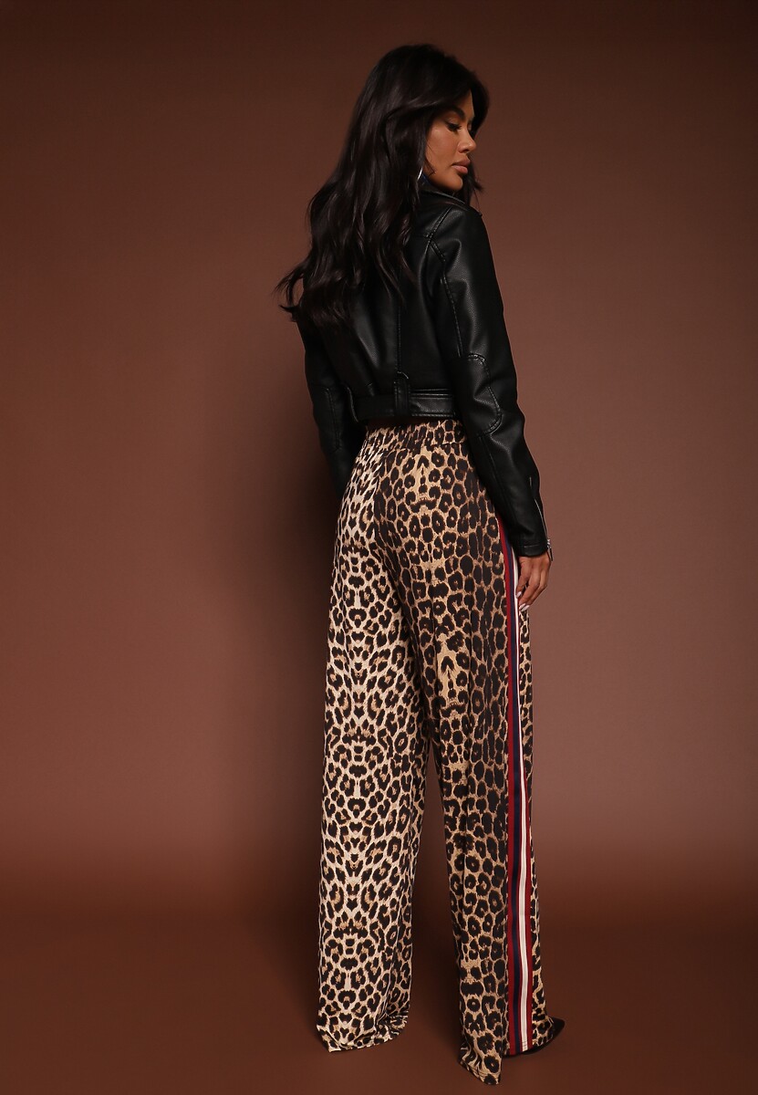 Brązowe Spodnie z Wiskozą High Waist o Szerokim Kroju z Lampasami Elosina