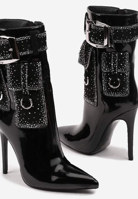 Czarne Botki Bikery na Szpilce Ozdobione Cyrkoniami i Imitacją Kieszeni Anseella