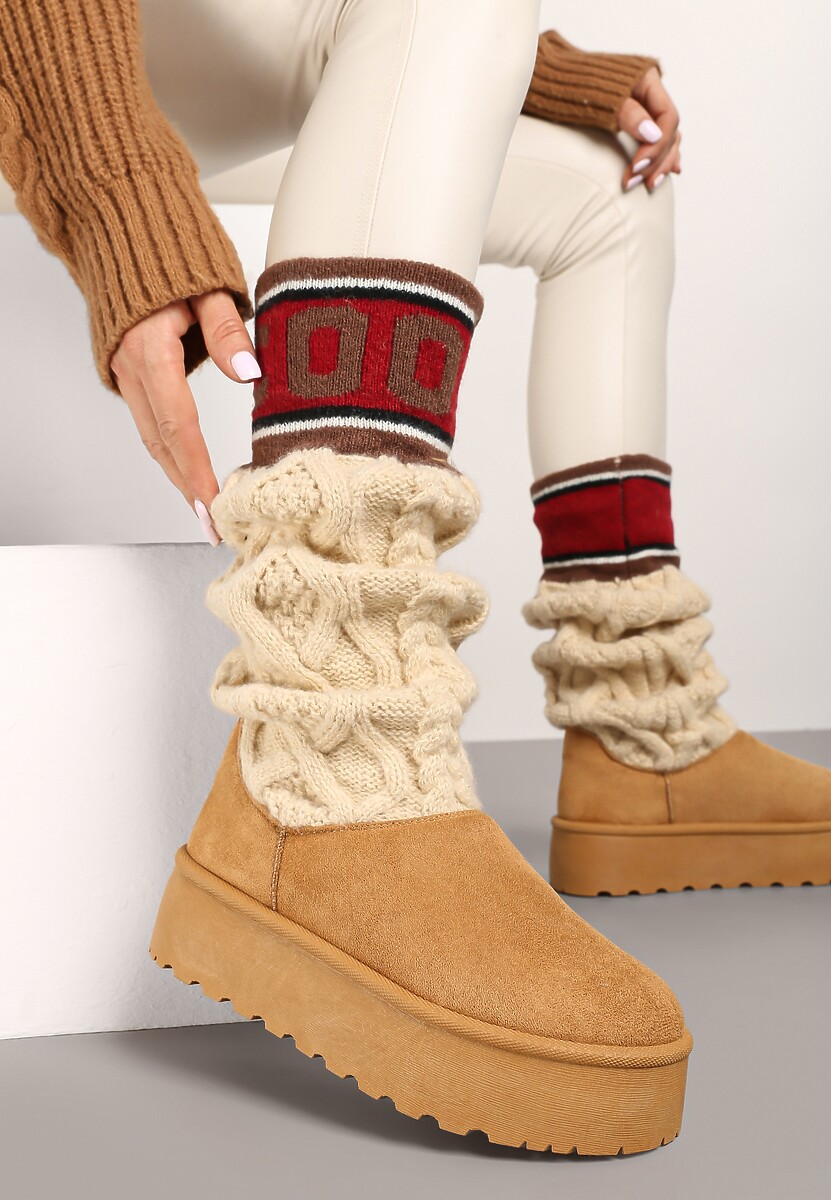 Brązowe Kozaki z Ekozamszu na Grubej Podeszwie z Dzianinową Cholewką o Skarpetkowym Fasonie Kaielia