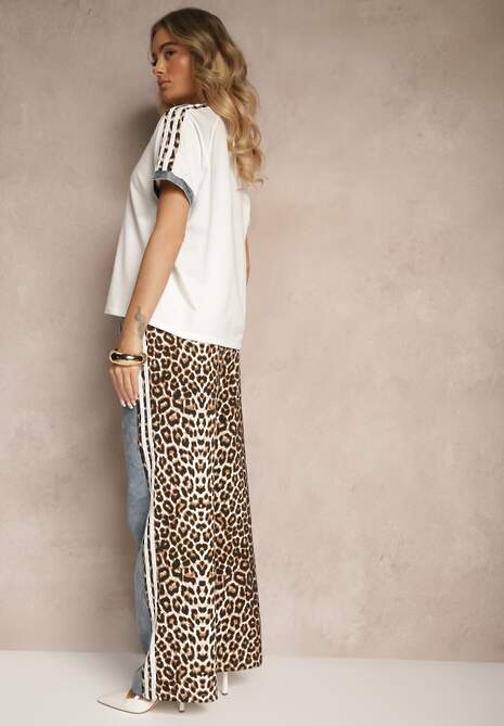 Biały Dresowy Komplet z Bawełny Spodnie i Bluzka z Panterką i Lampasami Eltebira