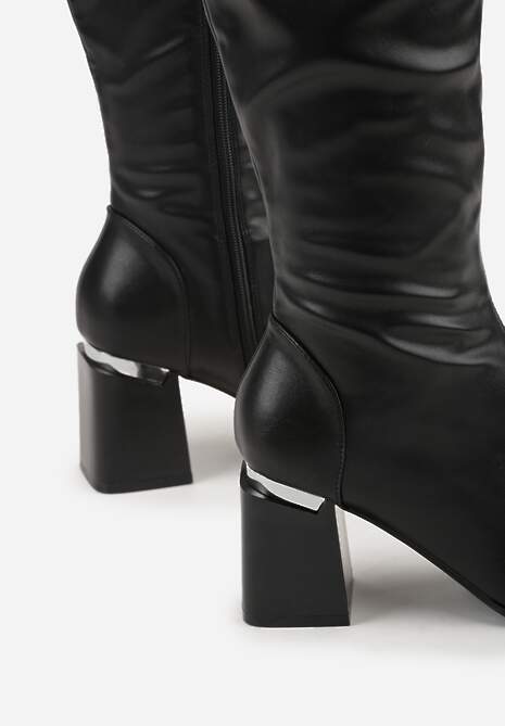 Czarne Klasyczne Kozaki VICES na Słupkowym Obcasie z Metaliczną Aplikacją Rannora