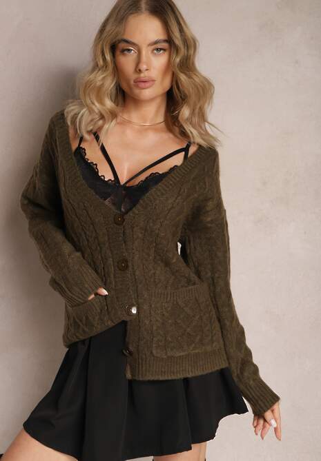 Ciemnozielony Zapinany Kardigan z Trójkątnym Dekoltem i Warkoczykowy Splot Juessa