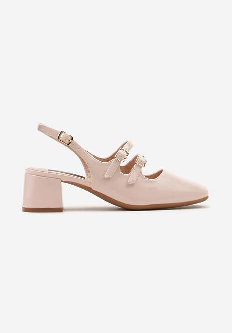 Beżowe Czółenka na Niskim Słupku ze Sprzączkami i Noskiem w Kwadrat Seraphela