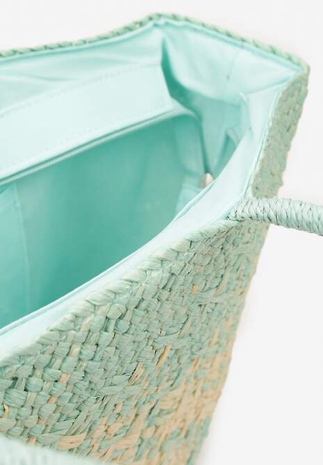 Niebiesko-Beżowa Duża Torebka z Plecionki w Stylu Boho Zapinana na Zamek Błyskawiczny Noico