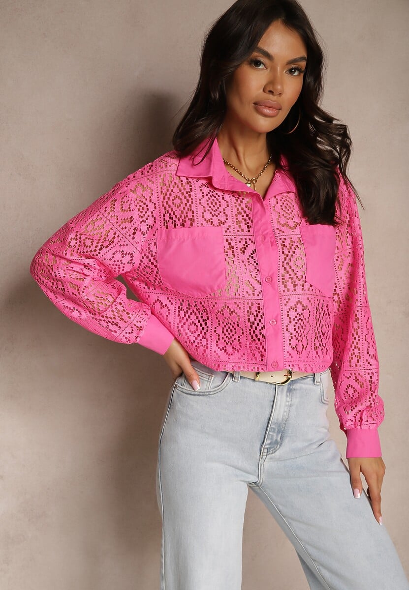 Czarna Koszula z Ażurowej Tkaniny z Kieszeniami Terista