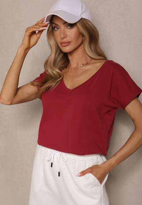 Bordowy T-shirt z Bawełny z Dekoltem w Serek Linithiela