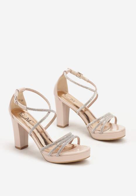 Beżowe Cyrkoniowe Sandały na Słupku z Ozdobnymi Paskami Beridara