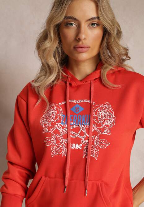Pomarańczowa Modna Bluza z Nadrukiem i Kapturem Ozdobiona Nadrukiem Arinalu