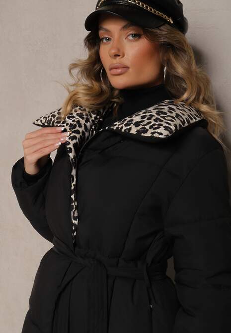 Czarno-Beżowa Długa Kurtka z Pikowanymi Przeszyciami i Kołnierzem w Panterkę Wiązana w Talii Tilfezi