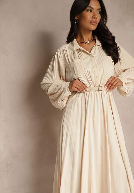Beżowa Rozkloszowana Sukienka Midi z Guzikami i Paskiem Ozdobiona Plisowaniem Lathori