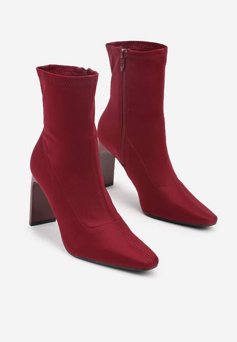 Bordowo-Czerwone Elastyczne Botki na Słupkowym Obcasie ze Szpiczastym Noskiem Atise