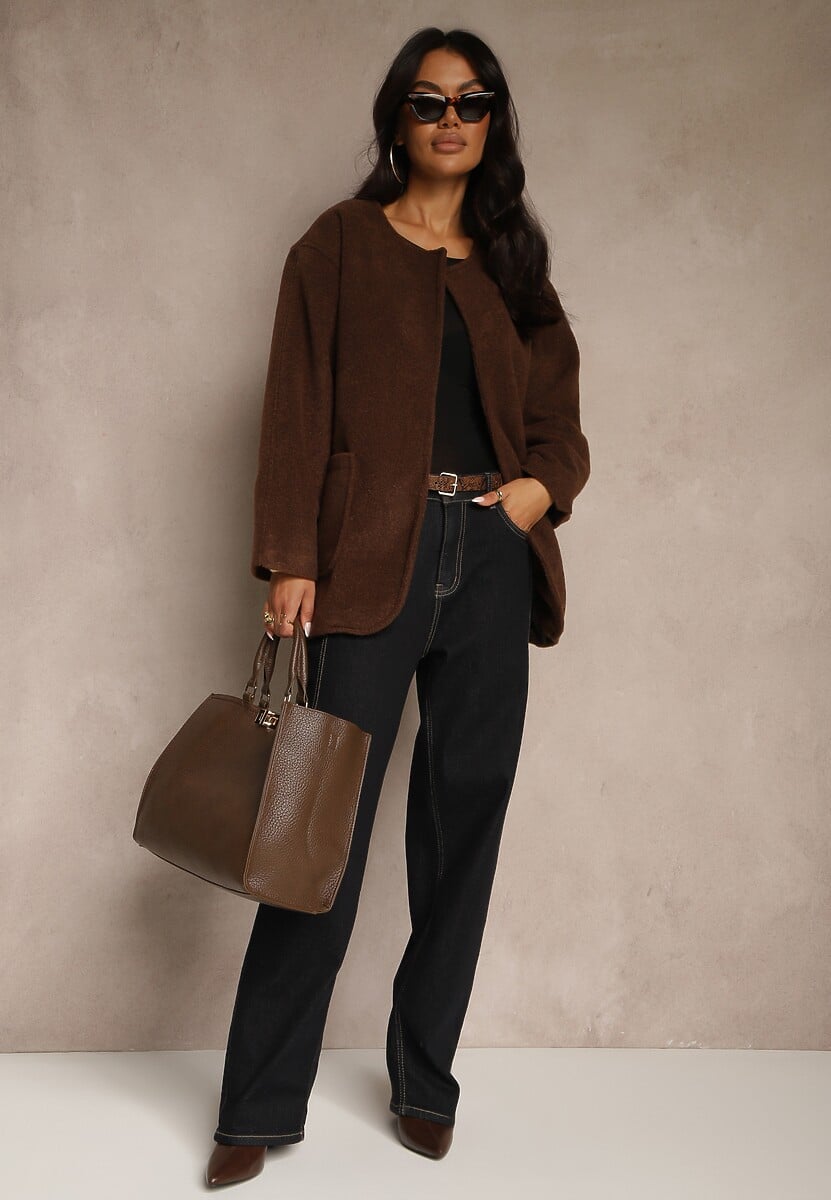 Brązowa Kurtka o Pudełkowym Kroju Bez Zapięć z Kieszeniami Unilda