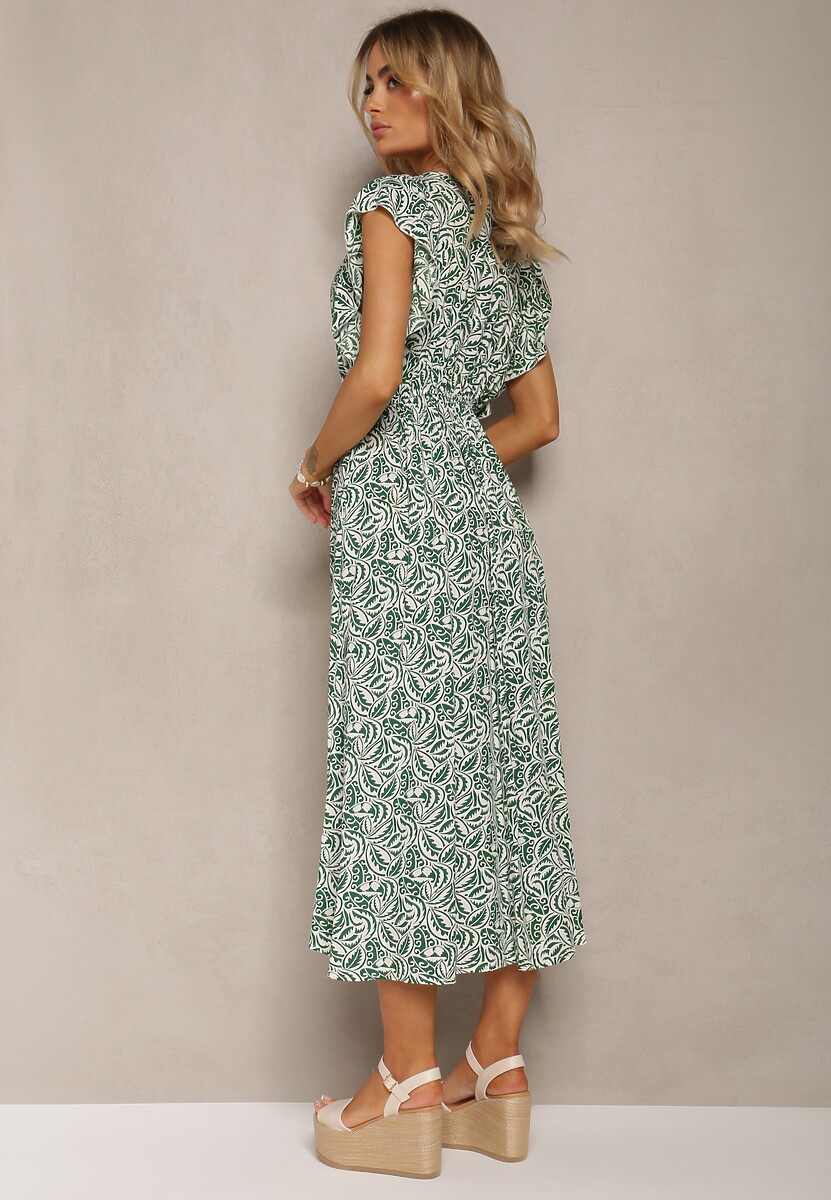 Zielona Bawełniana Sukienka na Lato z Elastyczną Gumką w Pasie i Falbankami Przy Ramionach Jovenia