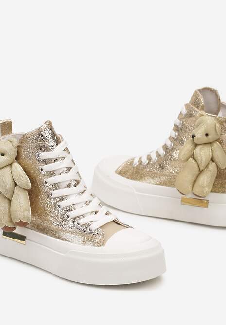 Złote Metaliczne Trampki za Kostkę na Grubej Podeszwie z Aplikacją w Kształcie Misia Ivarina