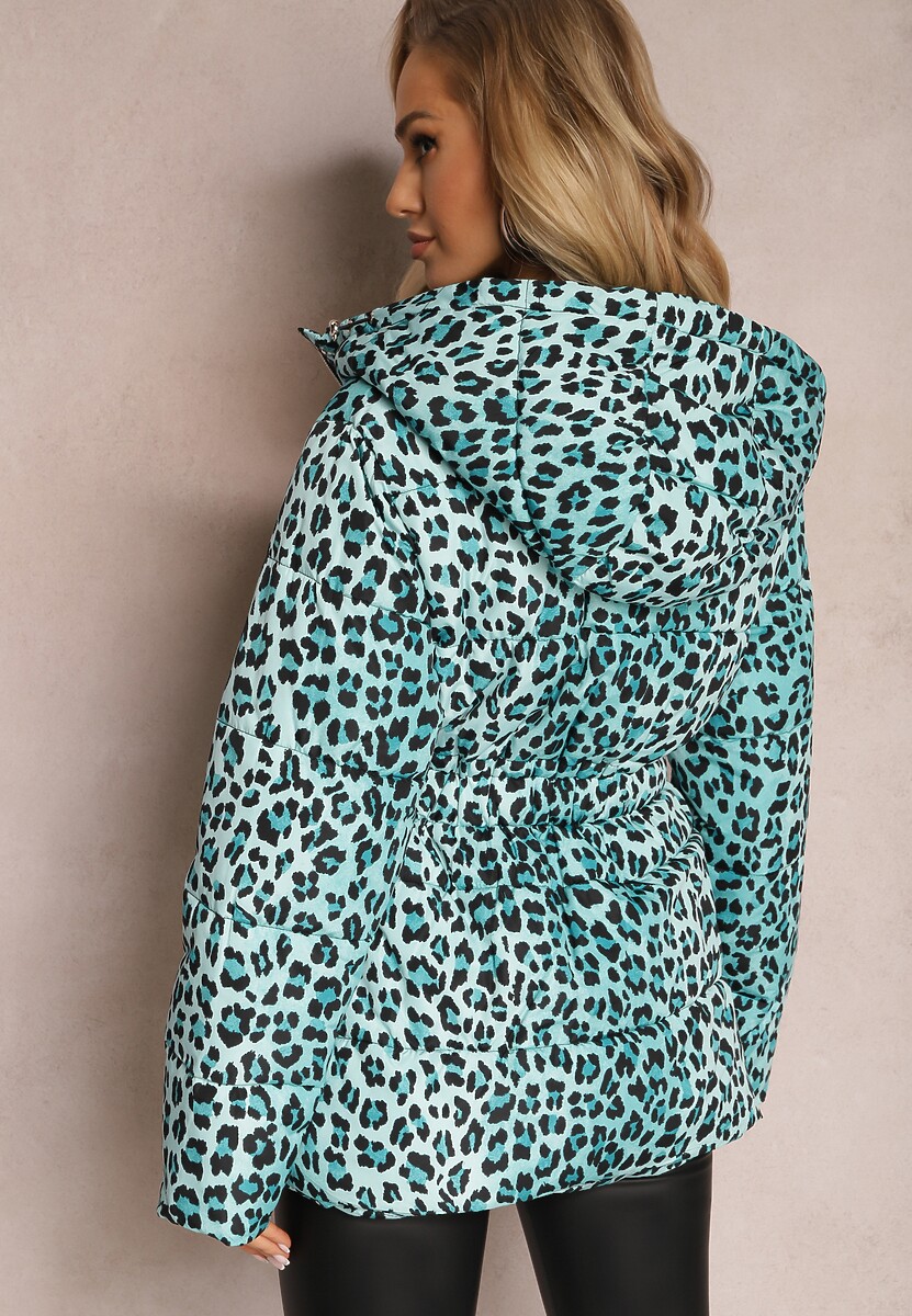 Jasnozielona Kurtka w Panterkę z Pikowaniem i Wiązanym Paskiem Amivea