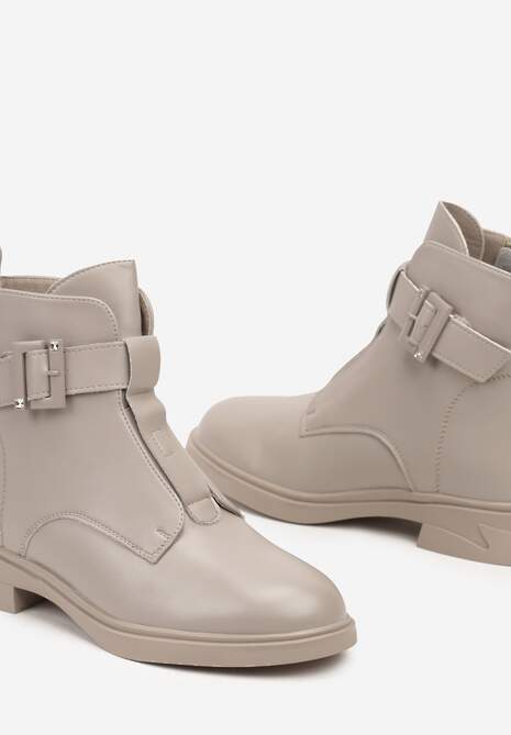 Beżowe Płaskie Botki Sztyblety Wykończone Klamrą z Regulacją Mivanella