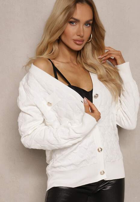 Biały Kardigan z Ozdobnymi Guzikami i Ściągaczami Zymira