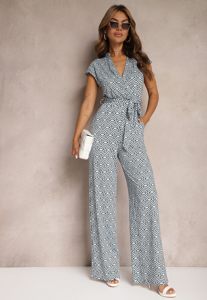 Niebieski Kombinezon z Dodatkiem Wiskozy z Wiązaniem w Talii w Geometryczny Wzór Trosofia