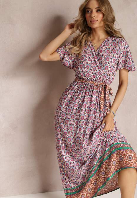 Różowa Sukienka Maxi z Paskiem i Gumką w Talii w Ornamentalny Wzór Calvim