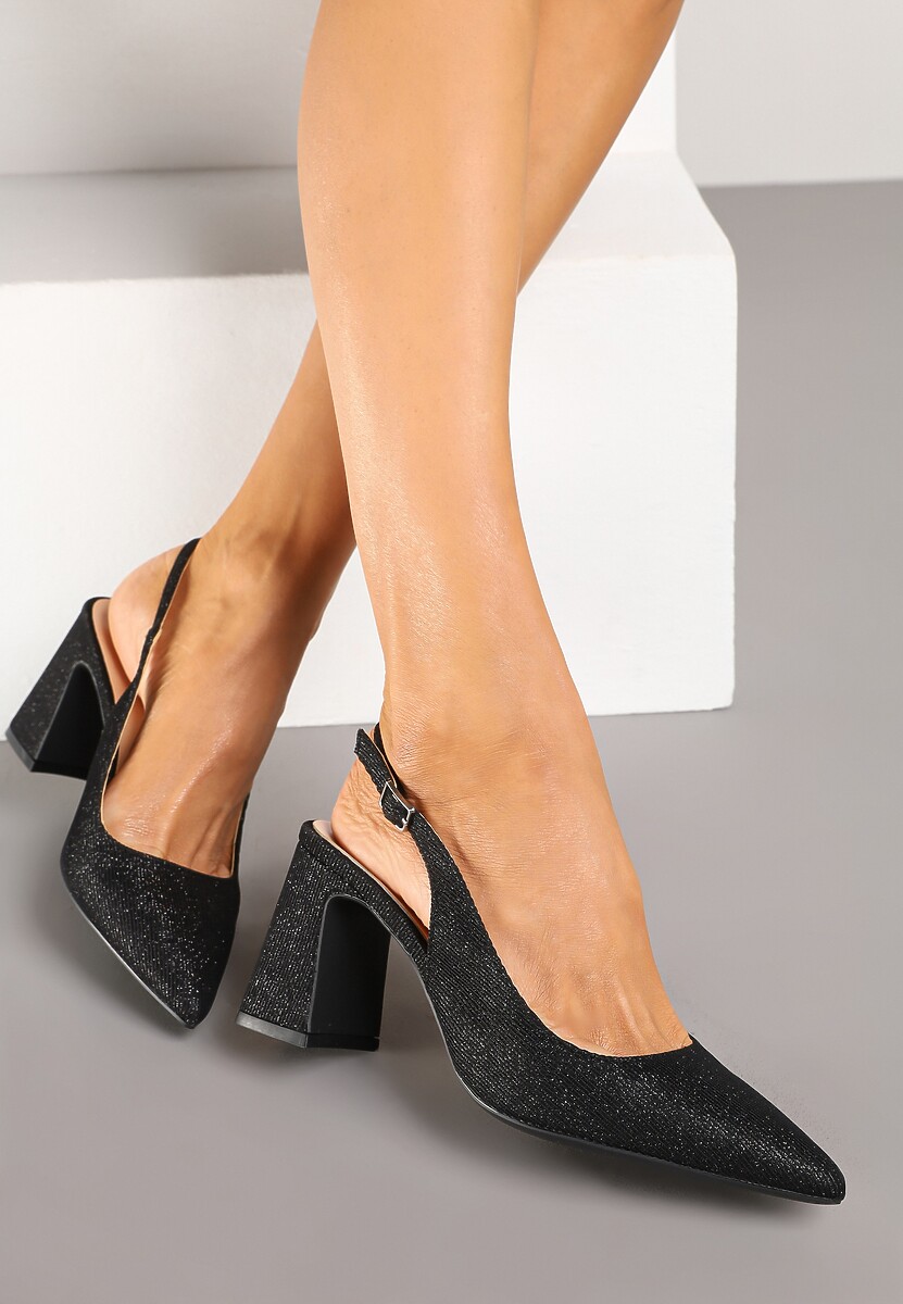 Czarne Brokatowe Sandały Czółenka na Słupkowym Obcasie ze Szpiczastym Noskiem Ninisea
