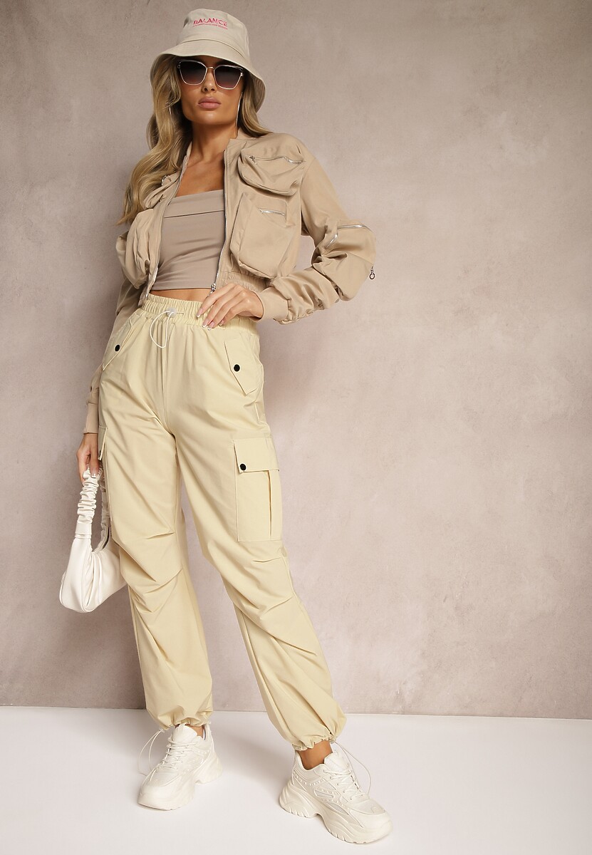 Beżowe Spodnie Cargo High Waist z Ozdobnymi Kieszeniami Leriora