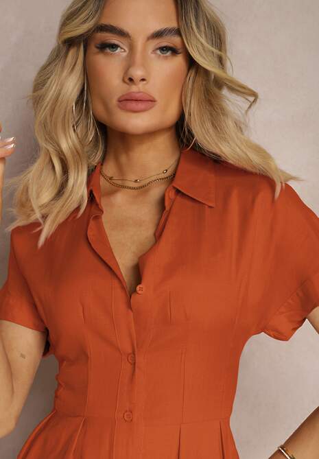 Pomarańczowa Sukienka Koszulowa z Lnem i Wiskozą Jucilla