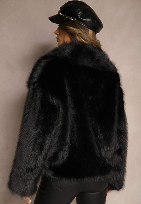 Czarna Elegancka Kurtka Futerko z Kołnierzem Vertirida