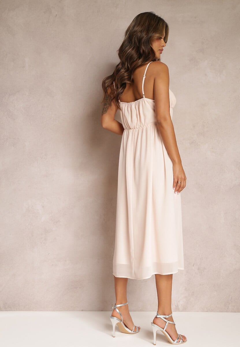 Różowa Sukienka o Rozkloszowanym Kroju na Ramiączkach z Wiązaniem Lunarea