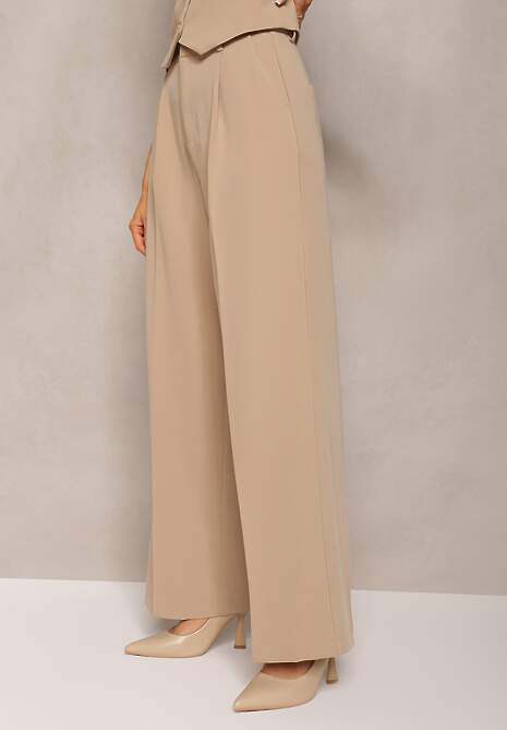 Beżowe Szerokie Spodnie High Waist Seraphella