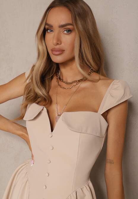 Beżowa Sukienka o Rozkloszowanym Kroju na Ramiączkach z Ozdobnym Dekoltem Salaviel