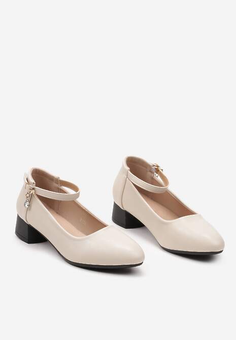 Beżowe Płaskie Czółenka z Imitacji Skóry Zapinane na Sprzączkę Ozeila