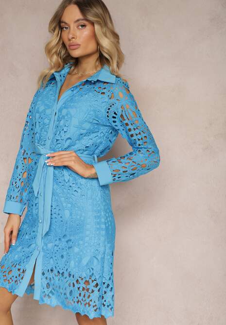 Niebieska  Koszulowa Sukienka Mini z Ażurowej Koronki i Paskiem Norila