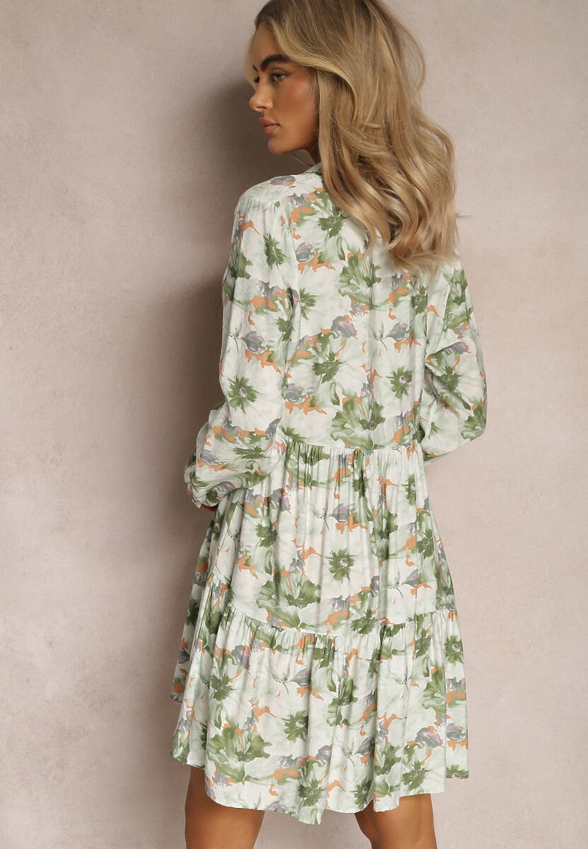 Beżowo-Zielona Sukienka Mini w Kwiatowy Wzór z Szeroką Falbanką na Dole Faeyra