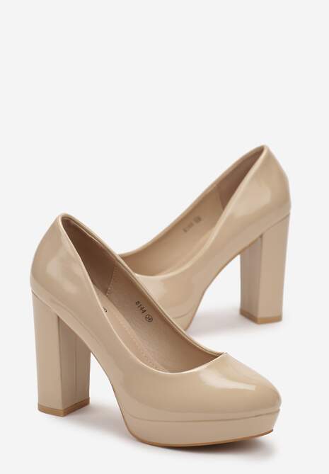 Beżowe Czółenka na Słupku i Platformie z Lakierowanej Ekoskóry Glimexa