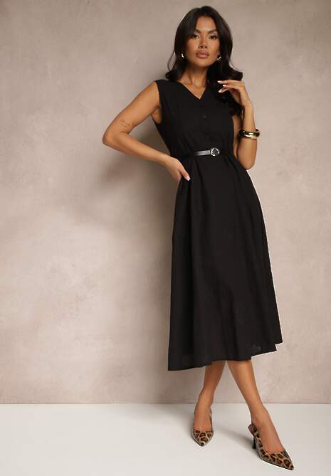 Czarna Wiskozowa Sukienka Koszulowa z Bawełną i Paskiem Artebia