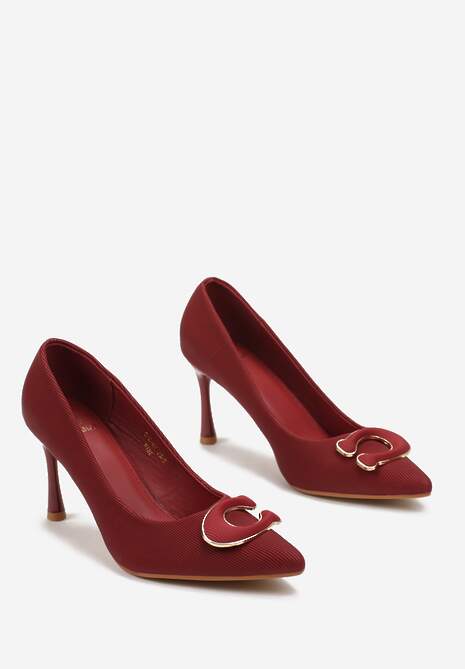 Bordowe Prążkowane Szpilki z Imitacji Skóry z Ozdobnym Detalem Imessa