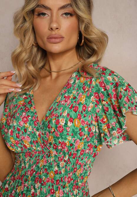 Zielona Kwiecista Sukienka z Wiskozy z Trójkątnym Dekoltem i Gumką w Talii Tereria