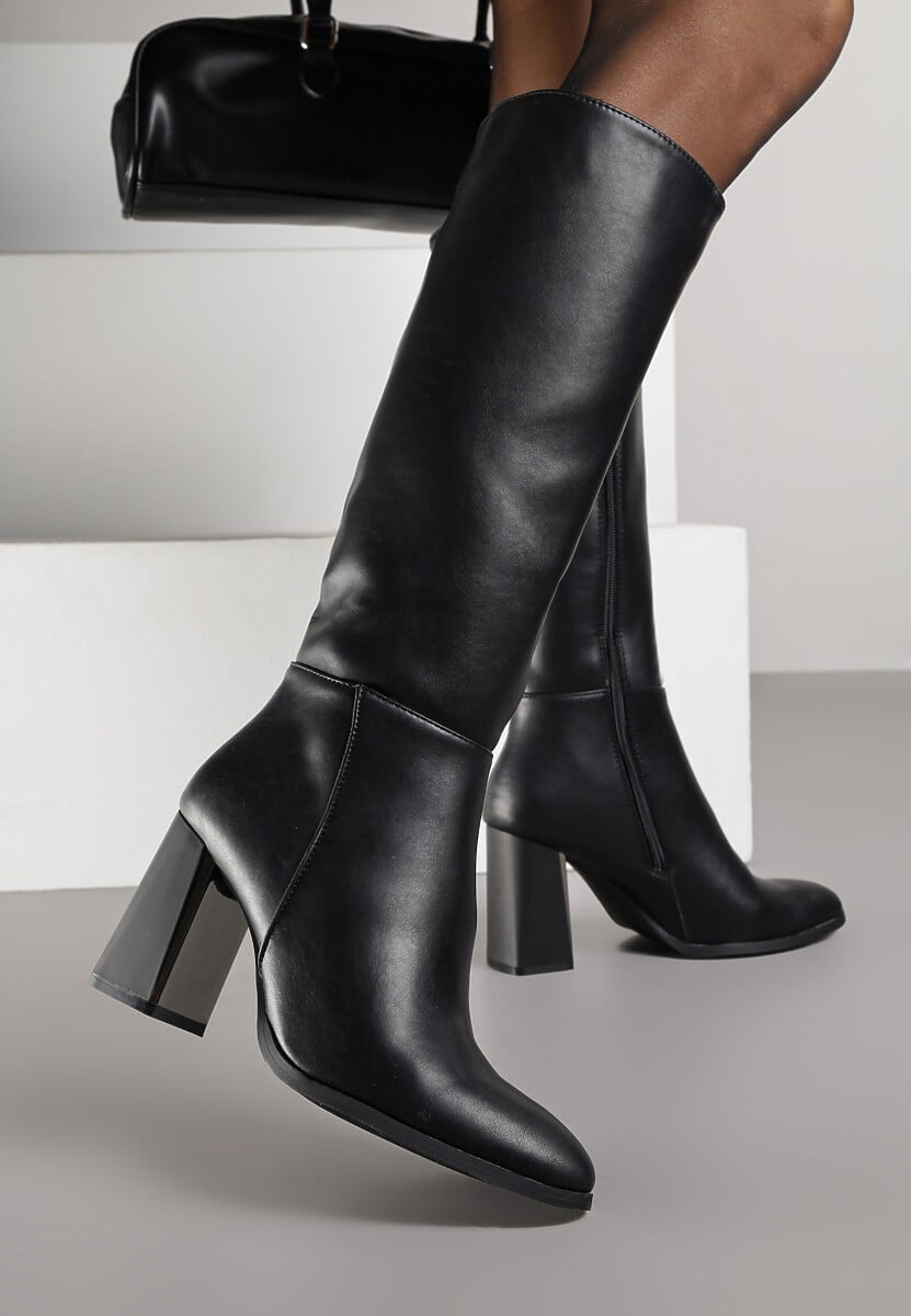 Czarne Kozaki VICES do Kolana ze Skóry Naturalnej na Metalicznym Słupku Zenilla