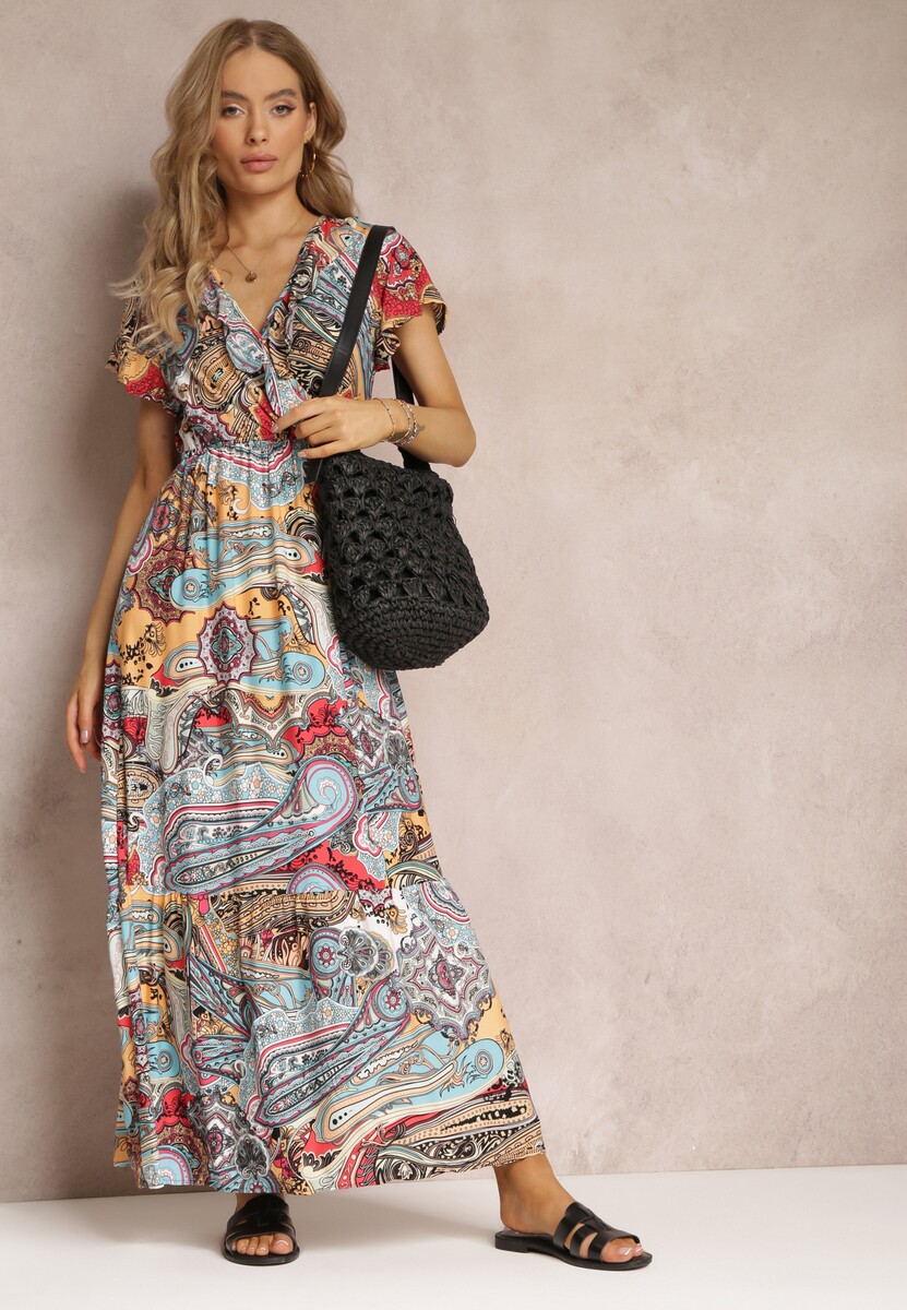 Jasnoniebiesko-Czerwona Sukienka z Kopertowym Dekoltem i Gumką w Talii z Wiskozy Haifa