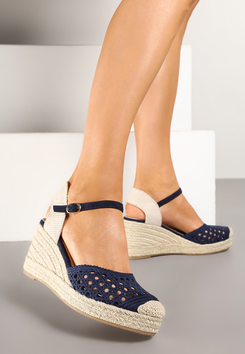 Beżowe Ażurowe Sandały Espadryle na Plecionym Koturnie ze Skórzaną Wkładką Terreina