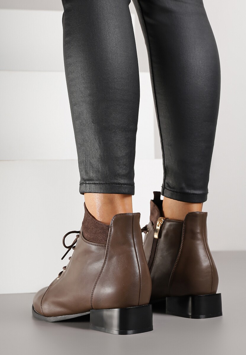 Brązowe Botki Trzewiki Vices Ozdobione Przeszyciami Vamine