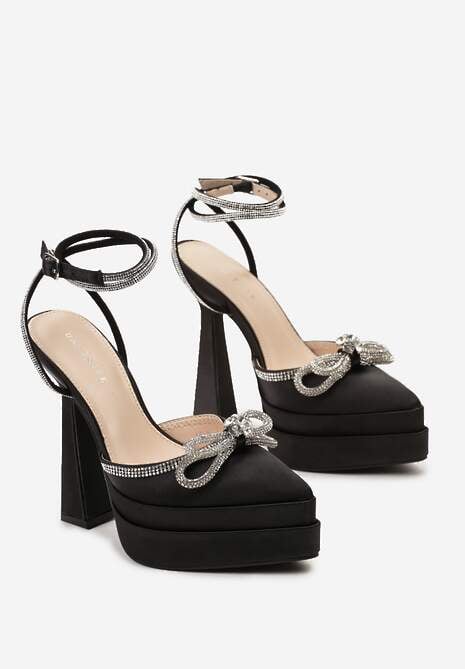 Czarne Sandały na Geometrycznej Szpilce z Platformą z Odkrytą Piątą i Biżuteryjną Kokardką Mornia